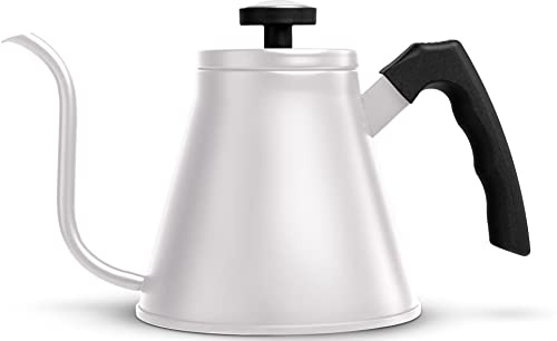 Kook Hervidor de cuello de cisne con termómetro, para verter sobre café y té, medidor de temperatura, eléctrico, gas e inducción, base de acero inoxidable de 3 capas, 27 onzas (blanco)