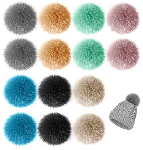 PFLYPF 14 Stück Kunstpelz Pom Pom Ball mit Gummiband, Kunstfuchspelz, DIY Flauschiger Fellknäuelhut, Schlüsselanhänger, Schultasche, Kopfbedeckungszubehör (7 Farben, 2 für Jede Farbe)