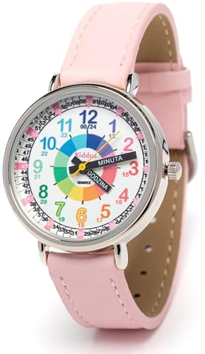 Kiddus Lernuhr Kinder, Analoge Armbanduhr ab 5 Jahren, Jungen Mädchen | Erste Lern-Armbanduhr, Rosa PU-Leder, 3ATM nur für Spritzwasser, klassische Zeiger und große Zahlen