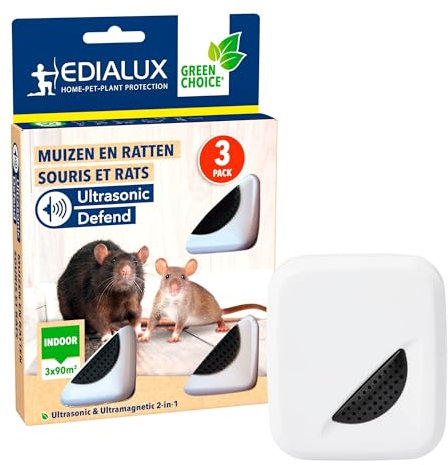 Edialux Répulsif ultrasons Souris et Rats Lot de 3 pour IntéRieur, Ondes sonores Anti rongeurs, Solution sans Danger pour Animaux, Chaque Appareil Couvre 90 m2