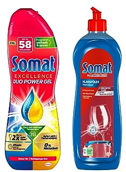 Somat Excellence Duo Power Gel Zitrone, Limette 58 WL & Somat Klarspüler, Extra-Trocken Effekt, Extra-Glanz | 750 ml (1er Pack)
