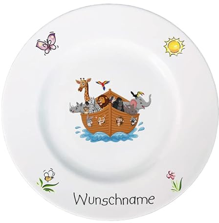 Doriantrade Frühstücksteller Kinderteller Teller Porzellan personalisierbar mit Wunschname Name Kindergeschirr mit Namen personalisiert (Arche Noah)
