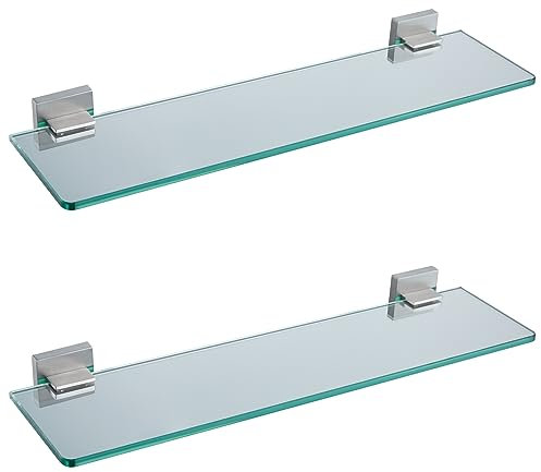 KOKOSIRI Wandregale, schwebendes Badezimmer-Glasregal für die Küche, 40,6 x 14,2 cm, gehärtetes Glas, Wandmontage, gebürsteter Edelstahl, 2 Stück B1106BR-L16-P2