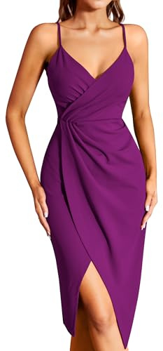 Missufe Robe de cocktail pour femme - Robe de fête - Robe portefeuille - Robe d'été - Robe midi festive élégante - Moulante - Mariage - Sans manches - Bretelles spaghetti - Robes de soirée, Violet