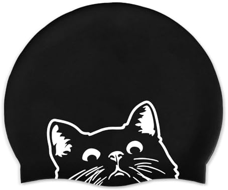 WIRESTER Adult Swim Cap, Durable Silicone Swimming Cap for Men Women, Waterproof Comfortable Swim Hat Bathing Cap for Short Medium Long Hairs - Black (Black Bombay Kitten Cat)