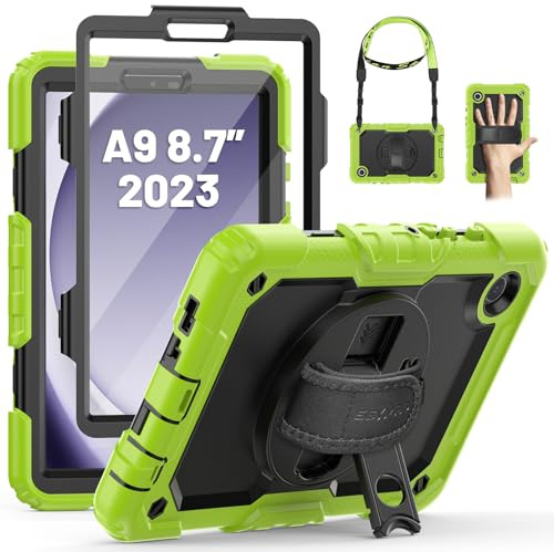 SEYMAC Funda para Samsung Galaxy Tab A9 8,7 Pulgadas 2023, Verde | Funda Resistente con Protector de Pantalla, Soporte Giratorio de 360°, Correa de Mano y Hombro, Portalápices, Anticaídas