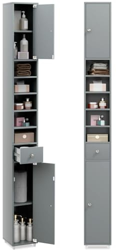 COSTWAY Badschrank Hochschrank schmal, Badezimmerschrank mit 2 Türen, 1 Schublade und verstellbaren Regalen, platzsparender Badregal für Badezimmer, Wohnzimmer, Küche, 20 x 20 x 180 cm (Hellgrau)