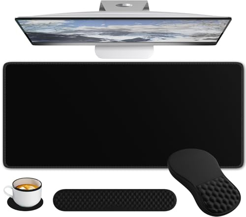 Anyshock Tapis de bureau noir, repose-poignet ergonomique pour clavier d'ordinateur, tapis de bureau pour clavier et souris avec sous-verre, repose-poignet en mousse à mémoire de forme, tapis de