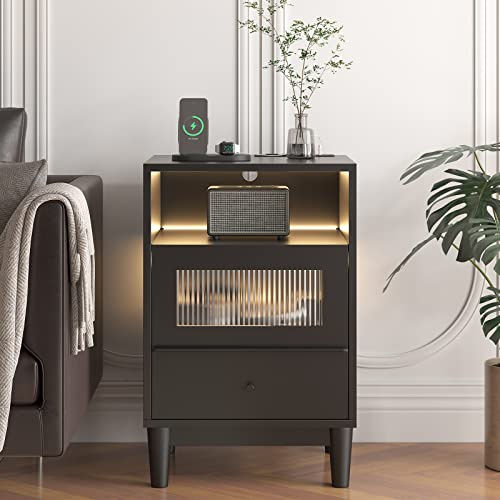cointwo Black Bedside Table with Charging Station & LED Lights, Nightstand with Tempered Glass Drawers – Stylish Night Stand for Bedroom, Living Room, Kids Room