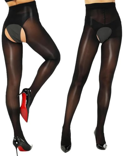 DMNQ 2 Paires Bodystocking Ouvert Entrejambe,Collants Ouverts,Collants Transparents Brillants Sans Entrejambe pour Porter avec N'importe Quelle Tenue(Noir/Taille Unique/80-165Lbs)
