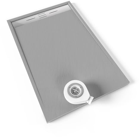 Moments of Glass SMC Duschwanne HIEMAL 90x140 cm Grau RAL7030, extra flache robuste Duschtasse mit ANTI-Rutsch-Oberfläche in Schieferoptik inkl. Ablaufgarnitur mit Edelstahl Deckel
