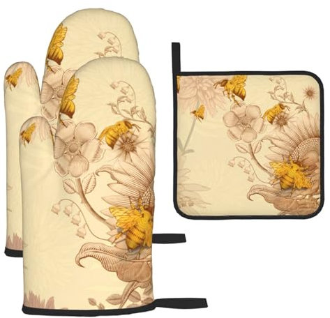 Yellow Bee Printed Oven Mitts And Pot Holders Sets Oven Mitts Heat Resistant Oven Gloves For Cooking Baking Kitchen BBQ