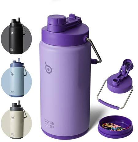 BOTTLE BOTTLE Bouteille isotherme de 1,8 l avec paille et couvercle à double usage en acier inoxydable pour l'entraînement et le sport, gourde isotherme avec poignée (violet)