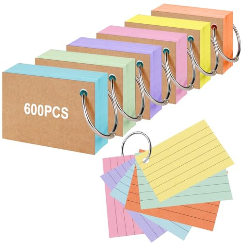 Vicloon Flash Cards, 600pcs Fiches Bristol, 7,4 x 5,1 cm Cartes de Révision avec 6 Anneaux de Reliure, Cartes d’index, Carte de Vocabulaire, Carte Index Lignées pour École Bureau Maison