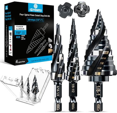 Four Spiral Flute M35 Step Drill Bit Set 1/4-1(3 pcs 30 Sizes), 1/4 Shank for Metal Step Drill bit, Impact Resistant Cobalt Step Drill Bit, for Stainless Steel, Wood, Aluminum, Plastic
