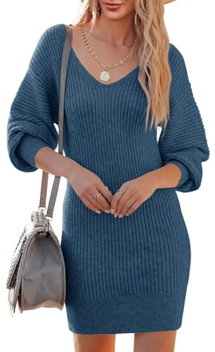 Saodimallsu Vestido de Punto para Mujer, Cuello de Pico, Manga Larga, Elegante, Mini, Informal, Túnica, Suéter, para Otoño e Invierno, Azul Oscuro