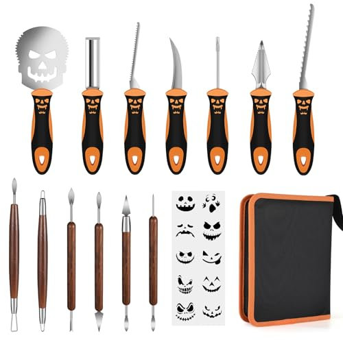 YUYUNLOMN Halloween Pumpkin Carving Tool kit, 13-Piece Professional Stainless Steel Pumpkin Cutting & Carving Set with 10 Templates, Carrying Bag - Perfect for Family Fun Time During Halloween