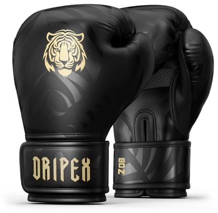 Dripex Guantoni da Boxe, Guanti da Sacco Boxe in Pelle PU Unisex Adulto, Guantoni da Allenamento Muay Thai MMA Arti Marziali, Guantoni da Combattimento, Boxing Gloves Uomo Donna Bambino, Oro (8 oz)