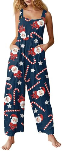 PAIDAXING Christmas Dungarees for Women UK Casual Plus Size Wide Leg Sleeveless Jumpsuits Christmas Tree Santa Print Xmas Holiday Onesis Baggy One Piece Romper Overalls with Poclets