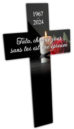 Croix Funéraire Personnalisable en plexiglass ? Motif Bougie et Rose Rouge, 12x20 cm