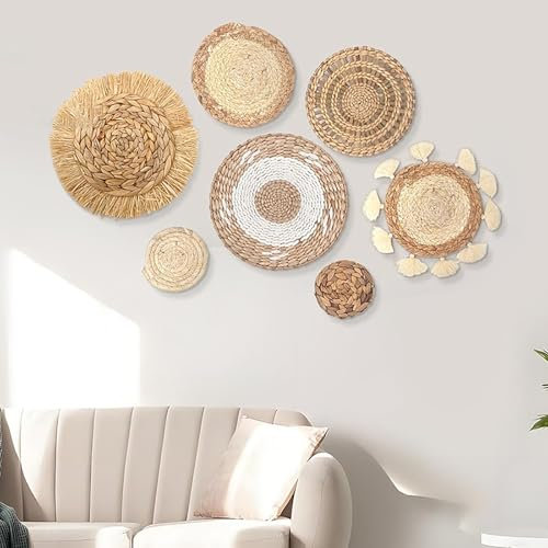 MYBSXKEOZ 7 Stück Boho Wandkorb Gewebtes Wandkorb-Set Rund Gewebt Bauernhaus Runde Weidenkörbe Für Wohnzimmer Schlafzimmer Esszimmer Büro