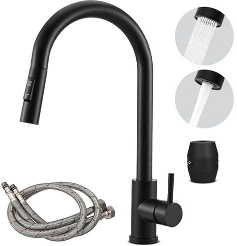 QCXWCJWD Kitchen Sink Faucet, Black, Brushed Stainless Steel, 360° Swivel, Pull Down Sprayer, 2 Spray Modes, Ceramic Valve Core, Contemporary Style, Single Hole Installation