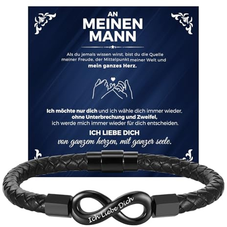 Valentinstag Armband Herren Personalisierte Geschenke - Lederarmband Herren mit Gravur Namen Geflochtenes Armband Leder Unendlichkeits Ich Liebe Dich Geschenk Jahrestag Männer Geschenke (Schwarz, 23)