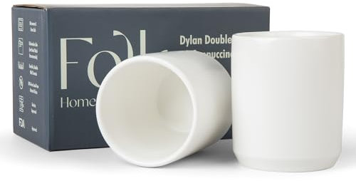 Folk Ceramics Dylan Ceramic Cappuccino Cups Set | Double Walled Ceramic Coffee Mug Set | Compact & Heat Insulated Cappuccino, Tea, Coffee & Latte Cup | 8oz, Set of 2 | Whisper White