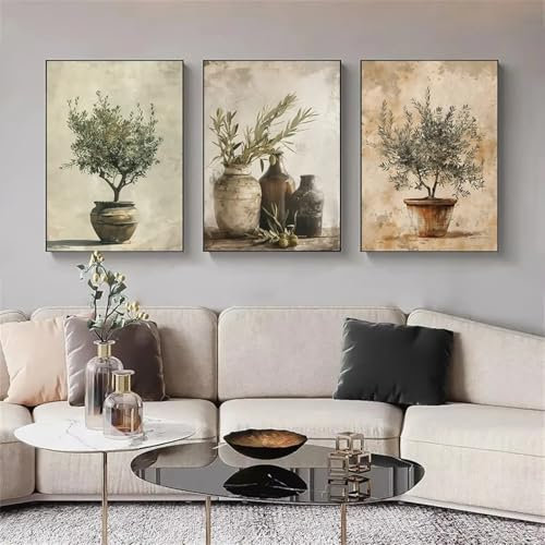 XINBAO Peinture sur toile avec branches d'olivier méditerranéennes antiques, plante verte, cuisine rustique, vase élégant, affiche, tableau mural, décoration d'intérieur, 30 x 50 cm, avec cadre