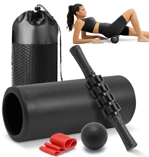5 in 1 Foam Roller Set - Trigger Point Foam Back Roller, Muscle Roller Stick, Massage Ball, Stretching Band for Deep Muscle Massage Pilates Yoga,Fitness Exercise for Whole Body Release (Pure Black)