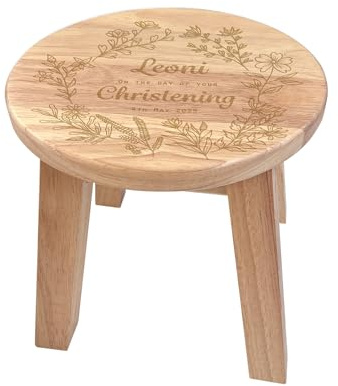 Personalised Wooden Christening Stool - Engraved Child's Name & Date, Floral Pattern Design, Solid Wood Toddler Seat, Nursery Decor Gift for Baby Girl or Boy | 26cm Wide X 26cm High