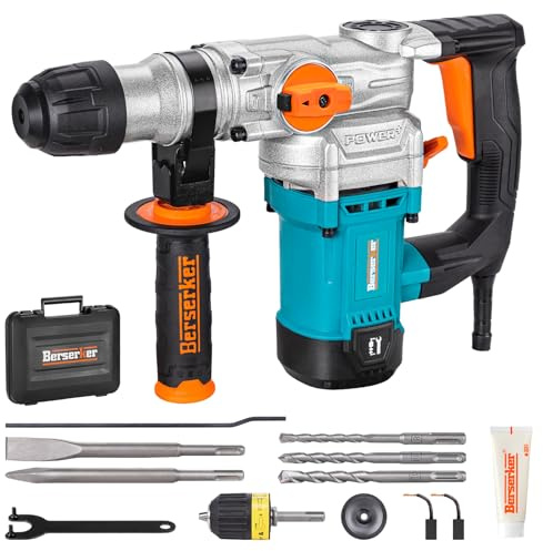 Berserker 1-1/8 SDS-Plus Rotary Hammer Drill with 1/2 SDS Plus Shank Keyless Chuck Adapter, 9 Amp 3 Functions Corded Rotomartillo for Fast Drilling in Concrete,Brick,Masonry,Metal,Wood