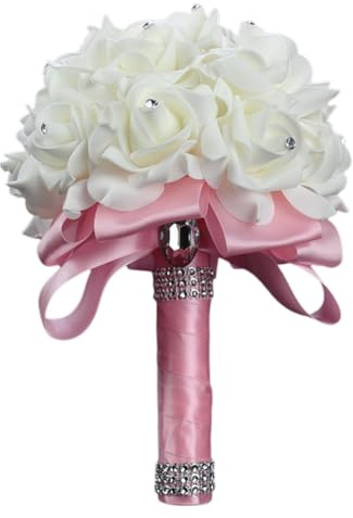 GreatRise Brautstrauß Gefälschte Weiß Rose Bouquet Künstliche Blumenstrauß Handstrauß mit Strass Brautjungfern Blumensträusse Romantische Blumen Strauß für Hochzeit Braut Geständnis Rosa
