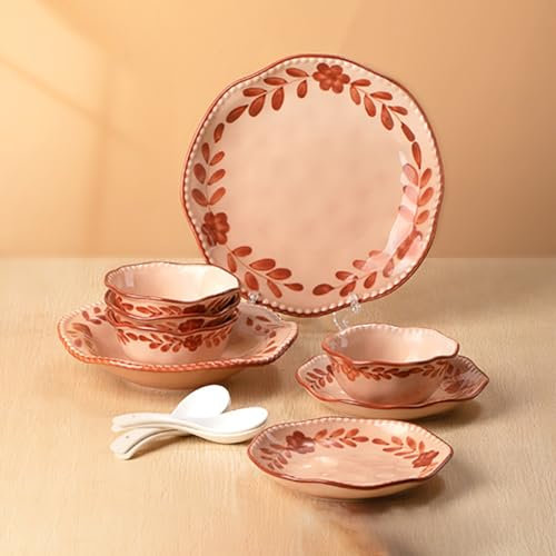 WOTZOV Rotes Keramikgeschirrset mit Essteller/Dessertteller/Suppenschüssel, Geschirrservice für 2–10 Personen, Hochzeit, Geburtstagsgeschenk mit Geschenkbox, Geschirrset für den，B