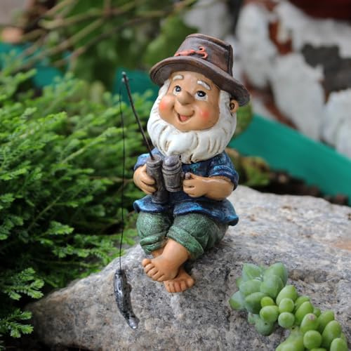 Yarteim Gartenzwerg Angeln Figur, Gartenfiguren für Draußen Wetterfest, Lustig Gartenzwerge für Außen, Harz Gartendeko Zwerg Dekoration, Gartenzwerg Teichfiguren Miniteich Deko, Geschenke Für Angler
