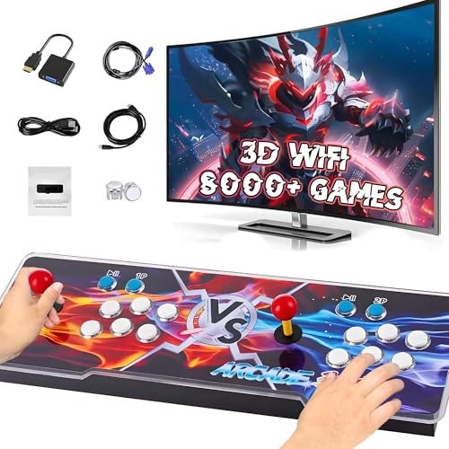 XIXIMENG 8000 en 1 Game Box Console de Jeu rétro,3D WiFi et Jeux 3D,Console de Jeux vidéo LED 6 Couleurs,Pause/Recherche/Favoris/Ajouter/Archiver/Masquer Le Jeu,1280*720P,1-4 Joueurs (Rouge Bleu)