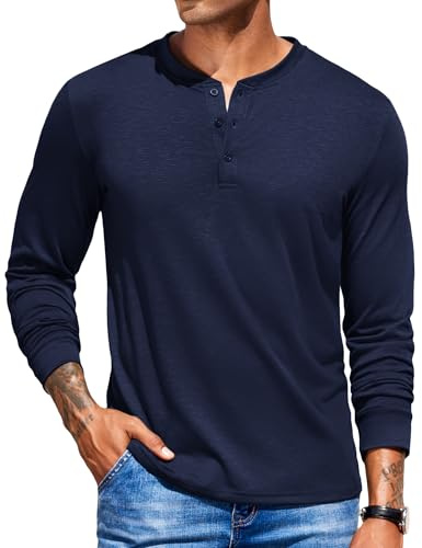 COOFANDY Maglietta Henley da Uomo a Maniche Lunghe Casual Basic Henley Tshirt con Bottoni Blu Scuro XXL