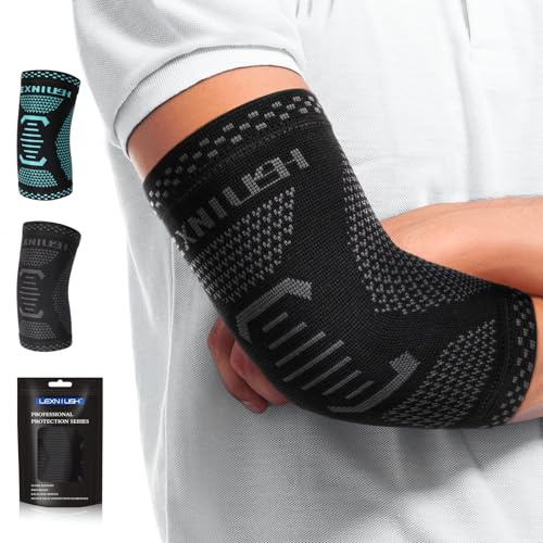 Lexniush Elbow Support for Men Women, Tennis & Golfers Elbow Brace for Tendonitis, Arthritis, Joint Pain Relief, Elbow Compression Sleeves for Weightlifting, Sports, Fitness, Golf, Gym Black Grey L