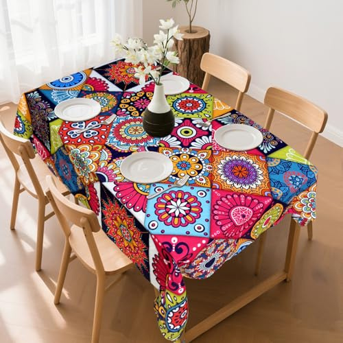 Gartentischdecke Wetterfest,Tischdecke Abwaschbar Outdoor Boho Style Garten Tischdecken für Draußen Polyester Rechteckige Tischtuch für Abendessen Küche Gartentisch Esstisch Couchtisch,140×180cm