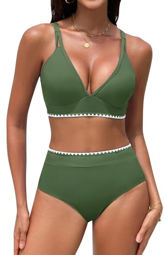 UMIPUBO Bikini Mujer Cintura Alta Push Up Cuello En V Bañadores Traje De Baño 2 Piezas Pliegues Reductores Control Abdominal Talle Alto Sexy Detalles De Concha Biquinis Conjunto
