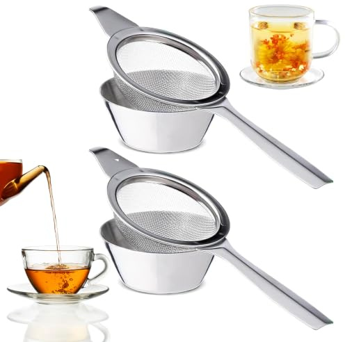 2 Pack Tea Strainers Set, Long Handle Fine Mesh Sieve with Drip Bowl | Tea strainer for loose tea fine mesh,stainless steel Durable,easy clean Great for coffee,flour,spices Versatile kitchen Gift