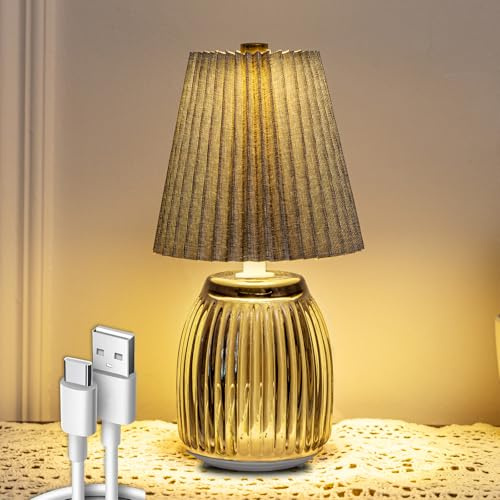 MJ PREMIER Tischlampe Kabellos Akku wiederaufladbar Pilz Timer Grau | Nachttischlampe Tischlampe Kabellos wiederaufladbar, Plissee Leinen Glasfuß Warmweiß LED Deko Lampe Schlafzimmer