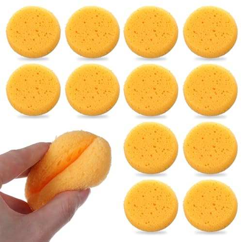 Xinjoduz 12 PCS Pottery Sponges Round Clay Sponges for Pottery 2.76 Inch Soft Yellow Elastic Cleaning Sponge Durable Elasticity Ceramic Clay Sponge for Painting Leather Care Household Use