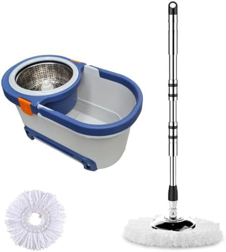 360° Spin Mop and Buckets Sets with 2 Thick Reusable Microfibre Pads, Hands-Free Cleaning System with Microfiber Mop Head, Lightweight for Hardwood, Tile and Laminate Floors - Grey