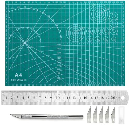 ChioSun A4 Cutting Mat Set,8 Pieces 3mm Thick Double-Sided Craft Mats,Green | Non Slip Self Healing Cutting Mat, PVC Cuttings Board Craft with 20cm Steel Rule for Carving Sewing Cut Paper DIY