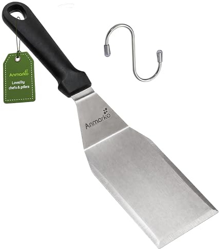 Anmarko Espátula de metal de acero inoxidable, volteador de hamburguesas con mango negro y gancho en S
