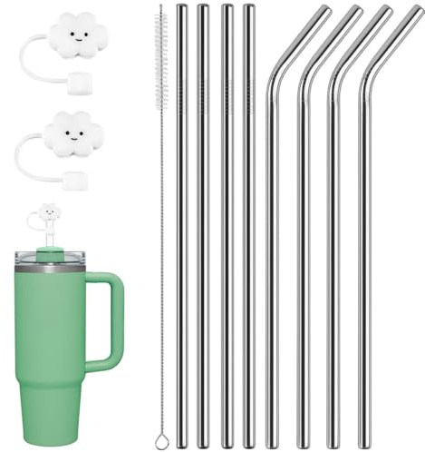 8 Pack Stainless Steel Straws for Cup with 1 Cleaning Brush & 2 Cloud Dust Plugs Metal Straws Reusable for Hot/Cold Drinks Cup Accessories for Adults, Home, Office, Travel