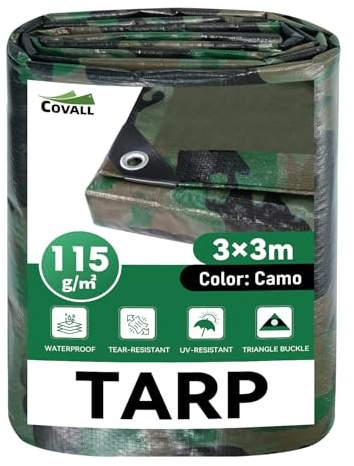 COVALL Bâche de Protection Extérieur Camouflage 3x3m - 115g/m², Imperméable, avec Œillets, Anti-UV, pour Jardin, Camping, Bois, Chasse & Décoration Militaire