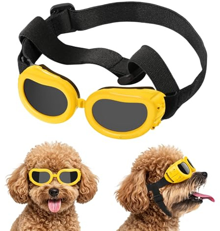 Occhiali da Sole per Cani Piccola, Occhiali Protettivi per Cani, Protezione UV, Impermeabili, Antivento e Antiappannamento, Adatti a Cane e Gatti di Piccola Taglia (Giallo)