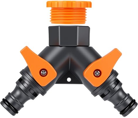 NUTKIT Válvula de Doble Salida para Grifo,Divisor de Manguera de 2 Vías | Desviador de Grifos de 3/4 y 1/2,para Grifo en el Jardin,Terraza,2 Válvula de Salida Regulables Individualmente,Color Naranja